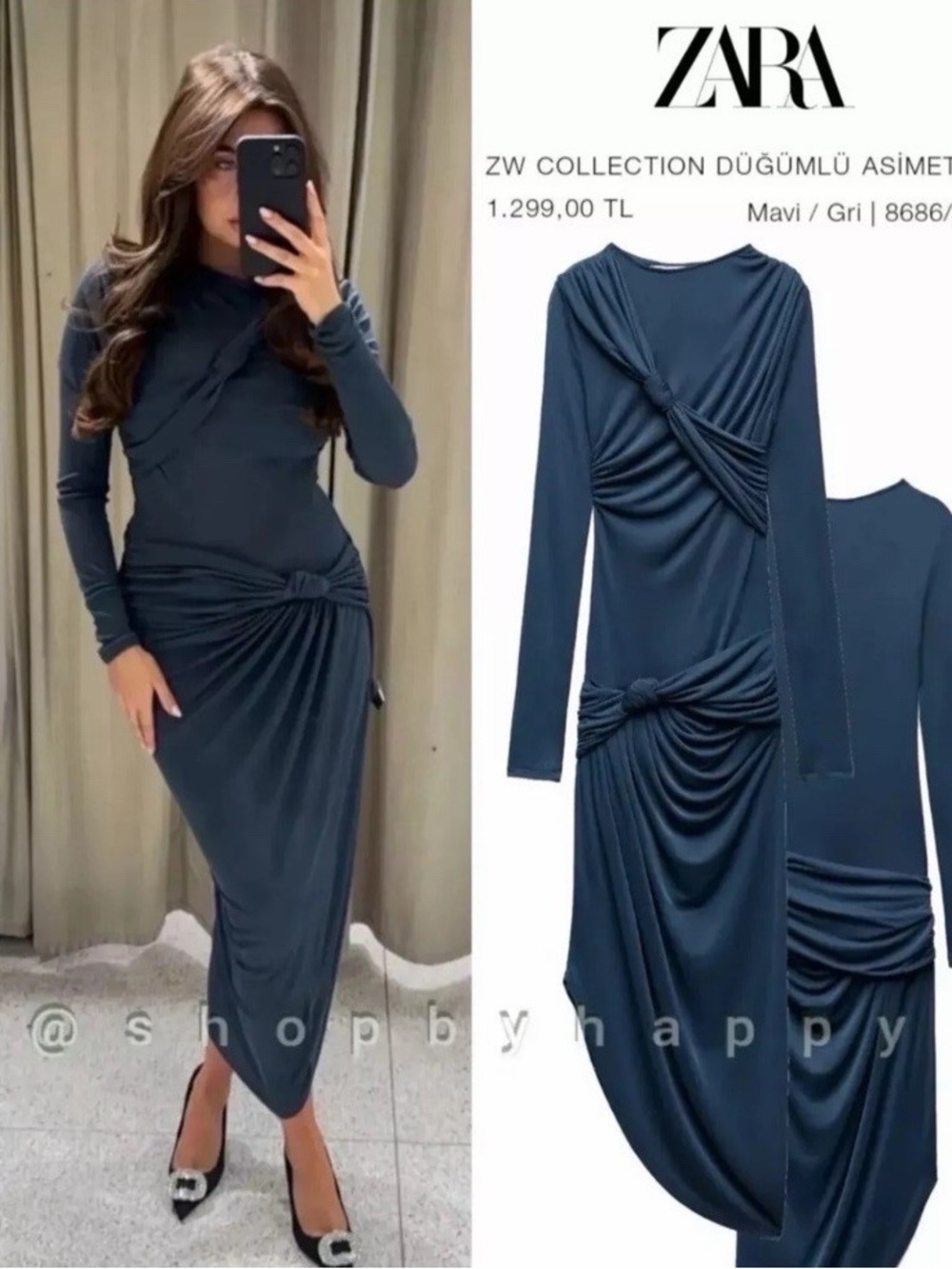 NWT ZARA Blue Asymmetric Knot-Detail Long Sleeve Dress